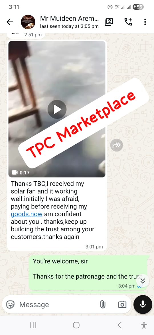 WhatsApp testimonial showing customer confirming solar fan was received and trust was built