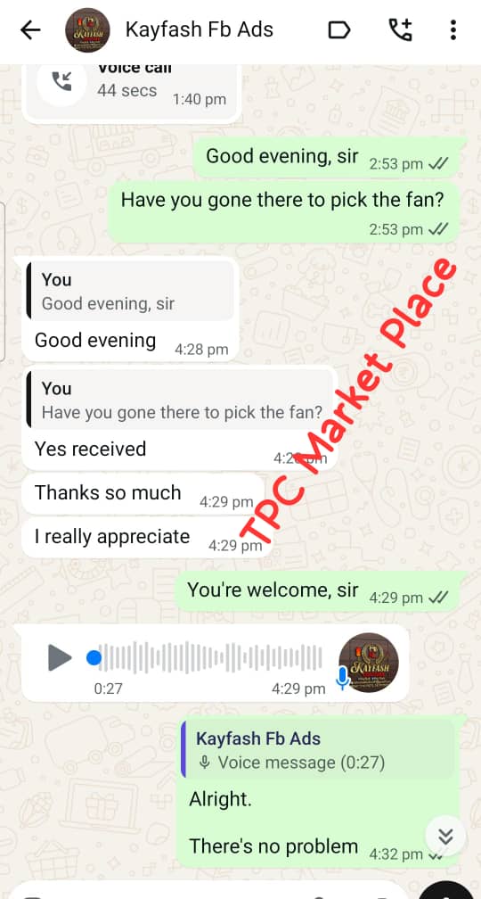 WhatsApp testimonial showing customer received fan and appreciated the service